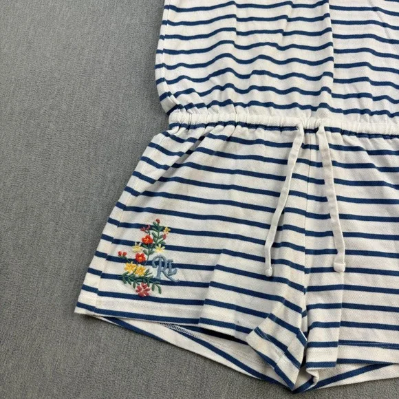 Polo Ralph Lauren Girls Large 12-14 White Blue‎ Striped 100% Cotton Mesh Romper